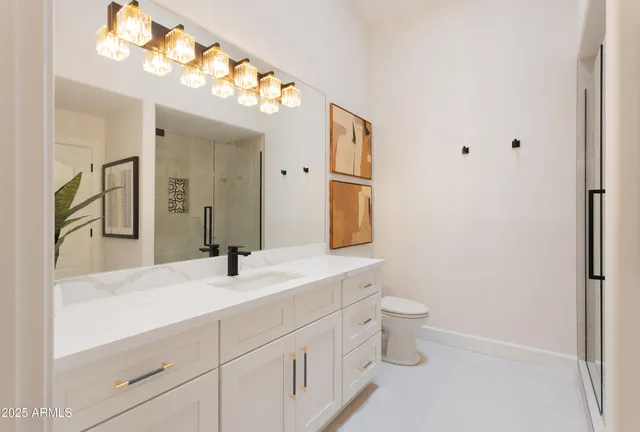 a bathroom with a double vanity sink mirror and toilet