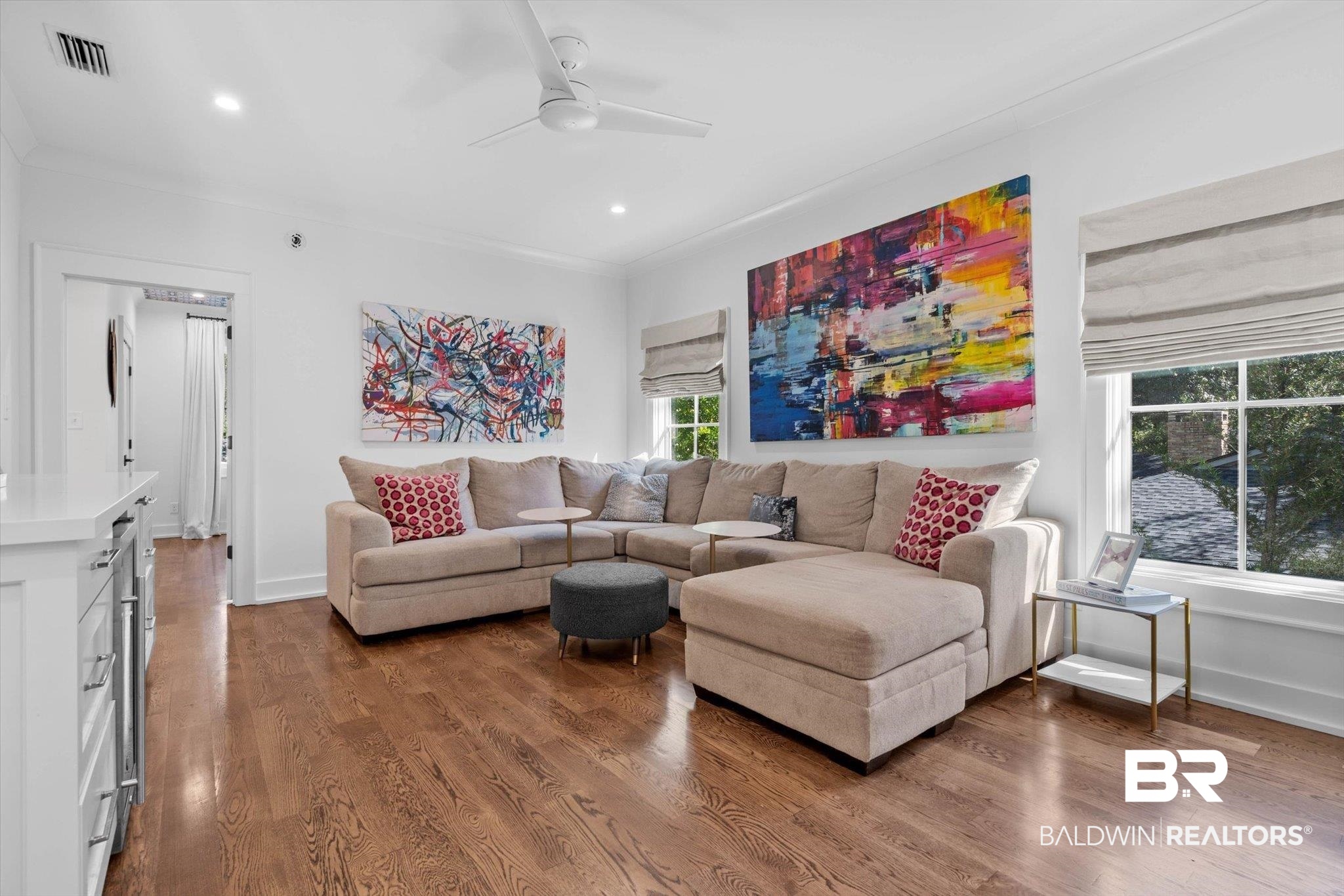 4602 Kingswood Drive Mobile, AL 36608 - Photo 21 of 45 Living room with dark wood-style floors, recessed lighting, ceiling fan, and ornamental molding