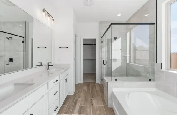 a bathroom with a tub sink shower and mirror