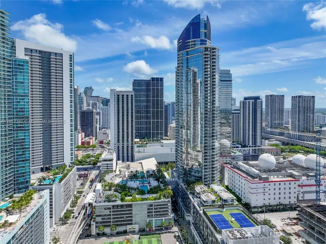 a city view with tall buildings