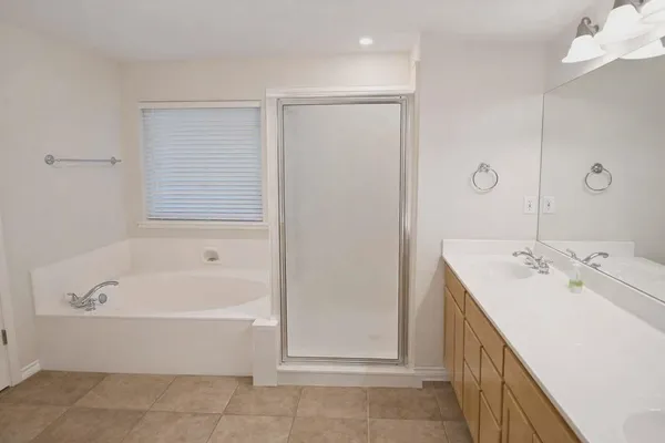 a bathroom with a tub sink and mirror