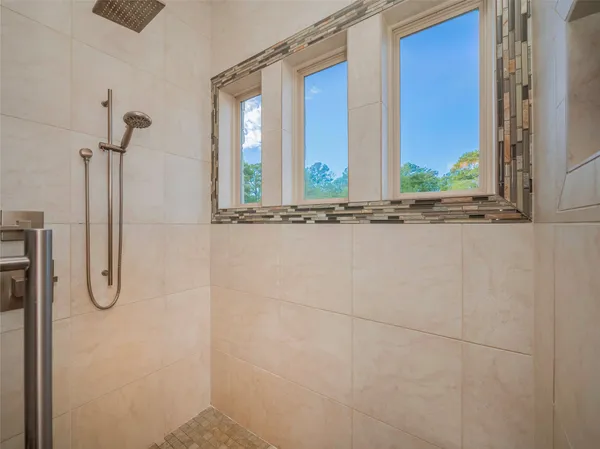 a bathroom with a granite countertop sink mirror and a shower