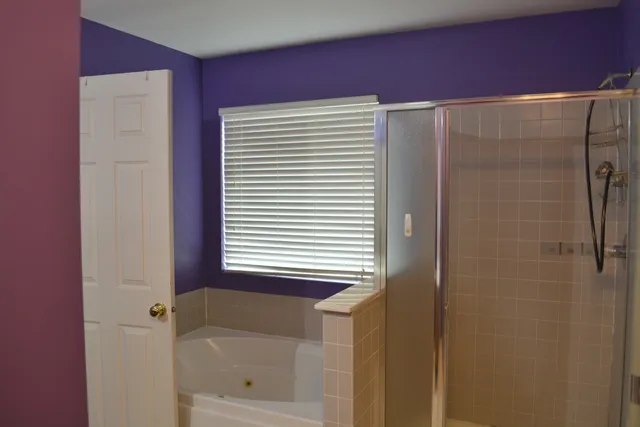 a bathroom with a shower and a toilet