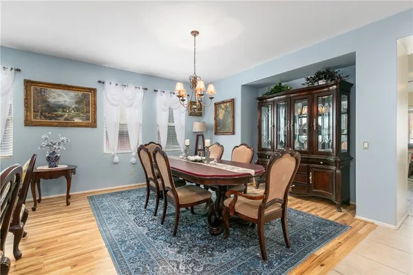 a view of a dining room with furniture