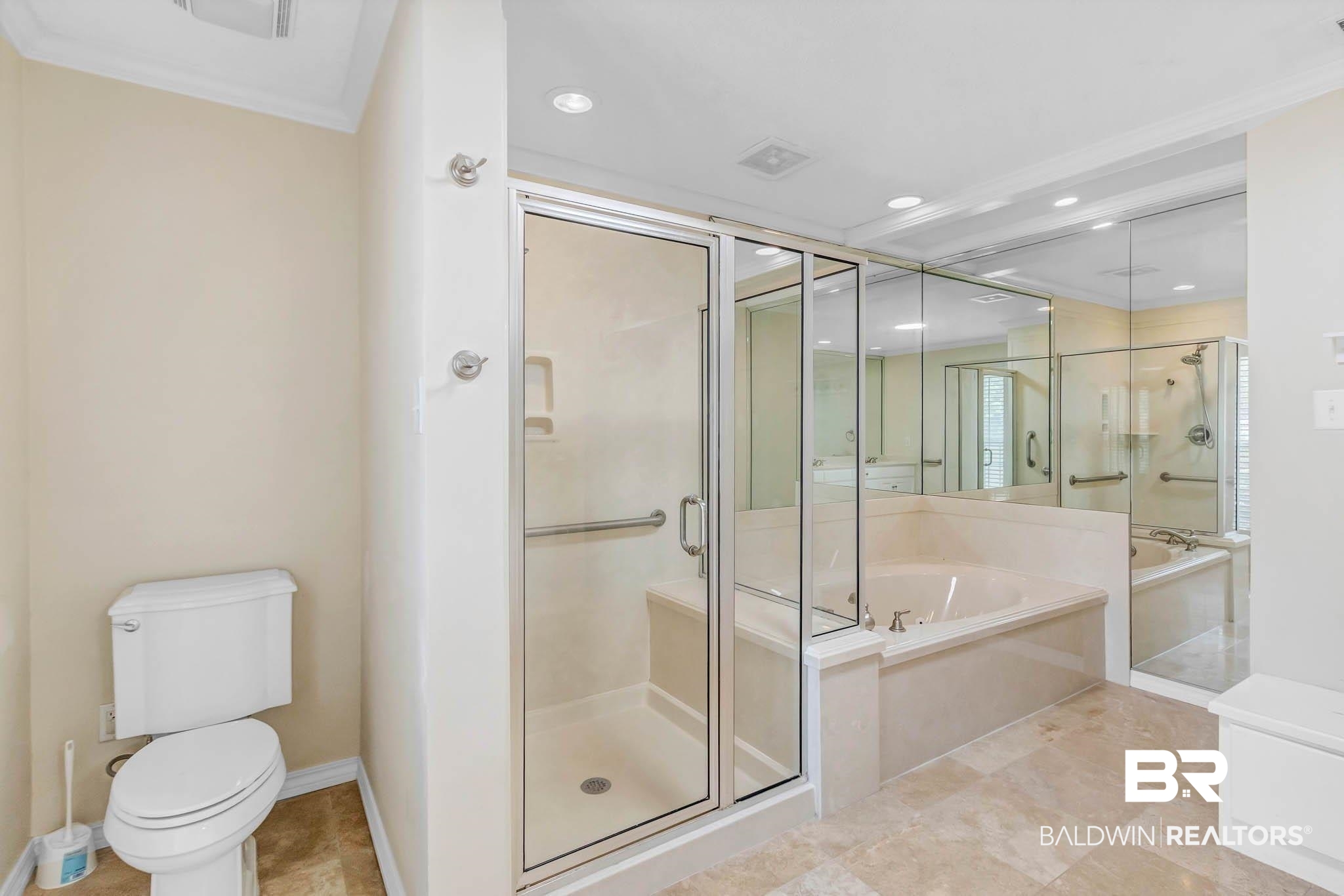 309 West Brandy Run Road Mobile, AL 36608 - Photo 45 of 100 Full bath with a garden tub, a stall shower, recessed lighting, ornamental molding, and tile patterned flooring