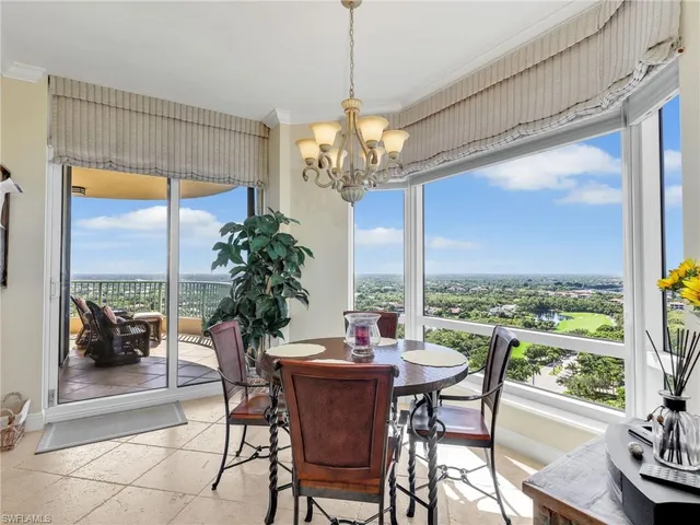 a view of a dining room with furniture window and outside view