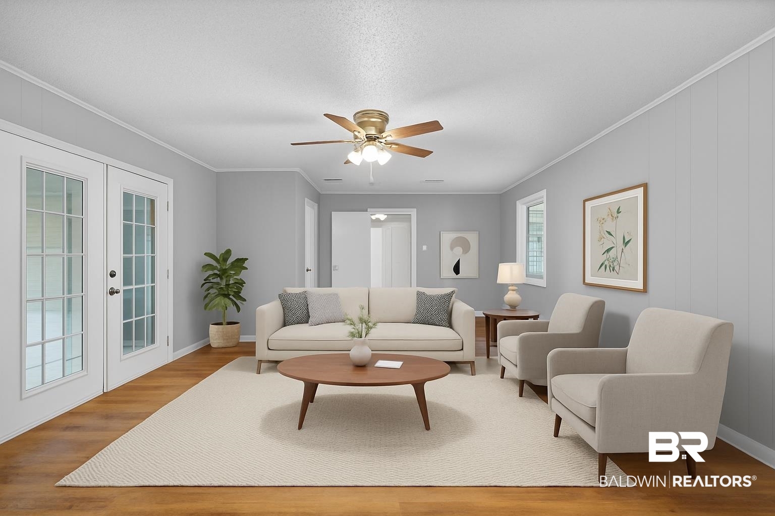 3304 Armond Drive Mobile, AL 36605 - Photo 23 of 62 Living room featuring french doors, wood finished floors, crown molding, and a ceiling fan