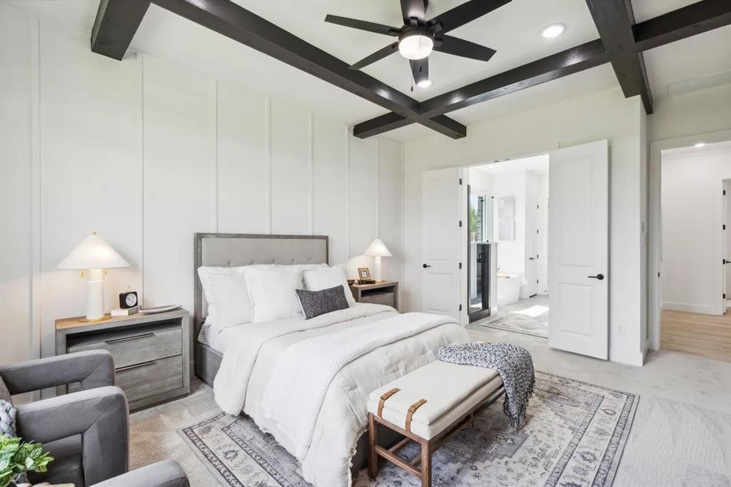 1310 Benjamin Trail Van Alstyne, TX 75495 - Photo 19 of 27 Bedroom featuring light colored carpet, coffered ceiling, a ceiling fan, and recessed lighting