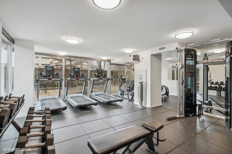 800 Elgin Road, Unit 1502 Evanston, IL 60201 - Photo 19 of 19 a room with gym equipment and large glass door