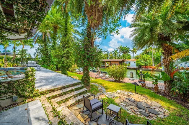 a view of a yard with plants and large trees