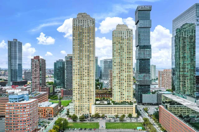 a city view with tall buildings