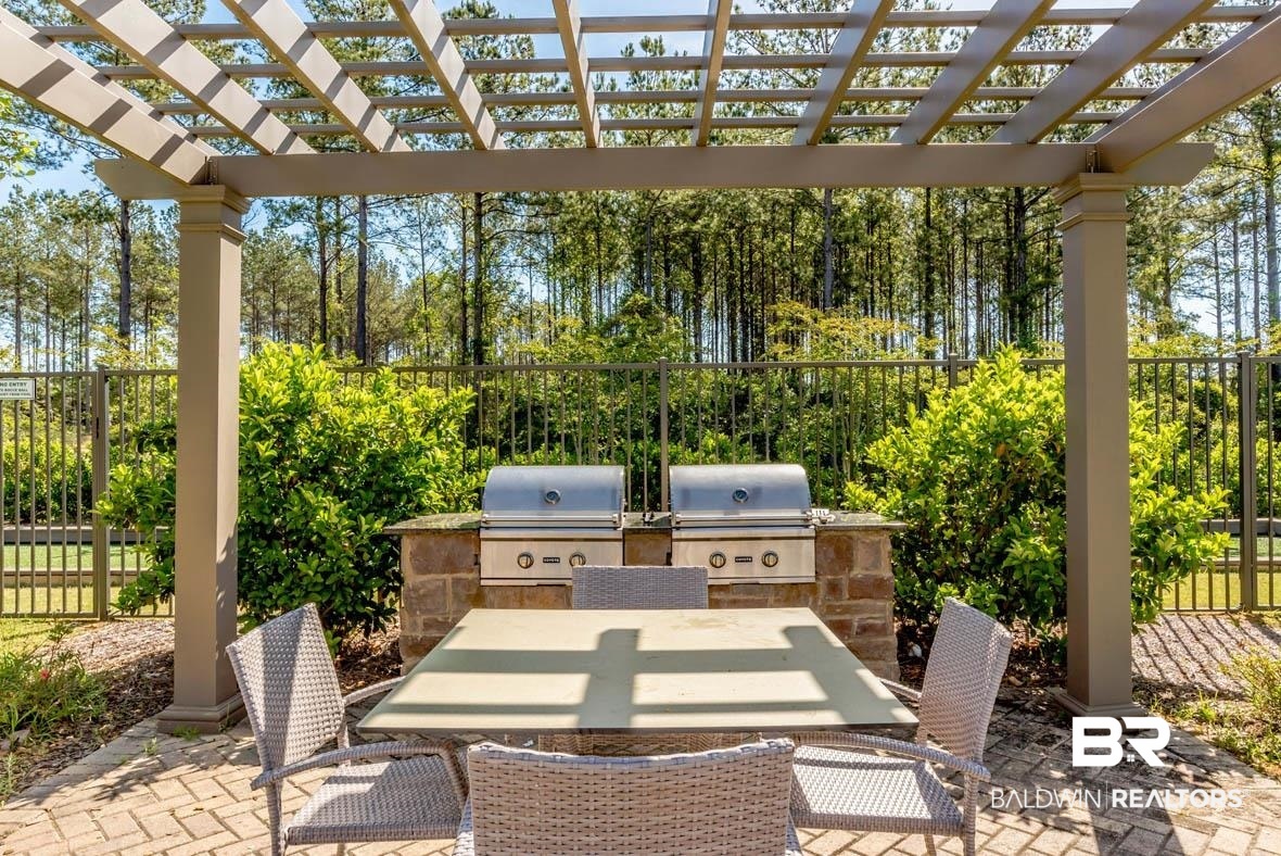 32125 Lyon Road Daphne, AL 36527 - Photo 53 of 70 Covered outdoor patio featuring a pergola, brick paver flooring, and a built-in grilling station with two stainless steel grills and a stone countertop