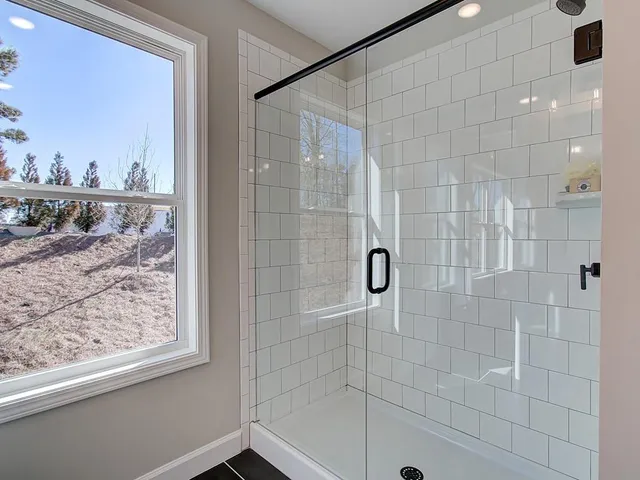 a bathroom with double vanity sinks a mirror and a shower