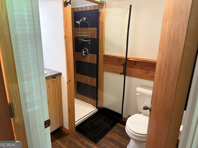 a bathroom with a granite countertop toilet