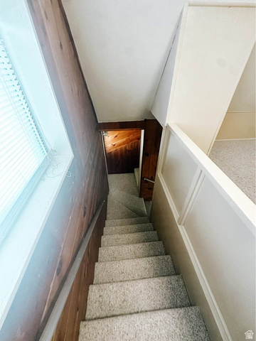 393 Old Mill Road Glenwood, UT 84730 - Photo 10 of 10 Stairwell featuring light-colored carpeted treads, a window with blinds, and wood-paneled walls