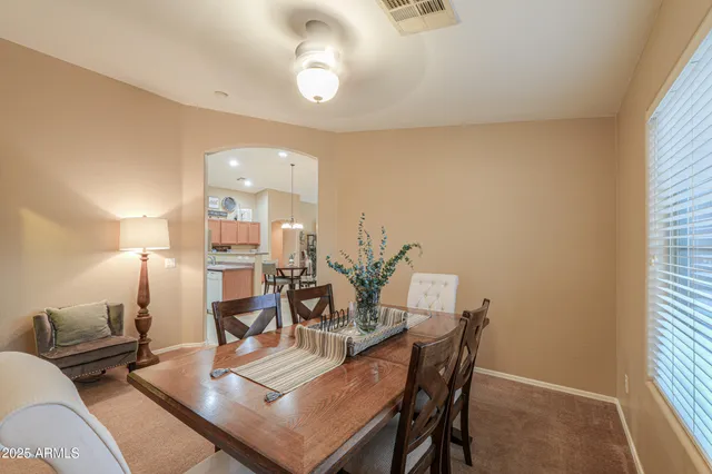 a view of a dining room with furniture