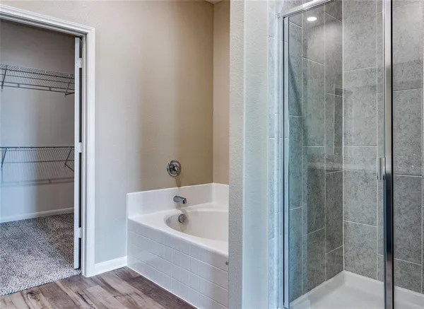 a bathroom with a bathtub and a shower