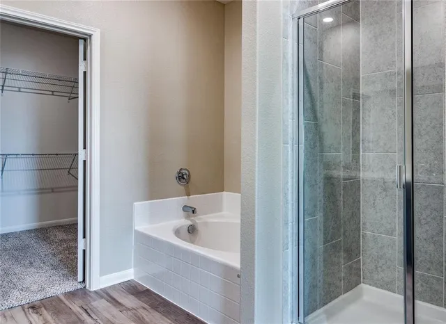 a bathroom with a bathtub and a shower