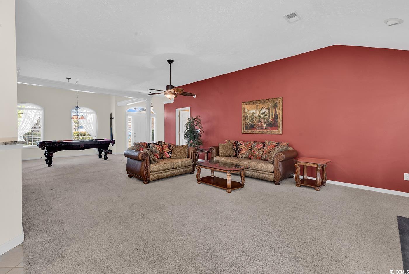 246 Catawba River Road Myrtle Beach, SC 29588 - Photo 21 of 27 Living area with billiards table, light colored carpet, vaulted ceiling, and a ceiling fan