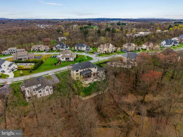 a aerial view of a house with a big yard plants and large trees