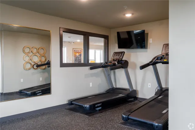 a room with gym equipment and a flat screen tv