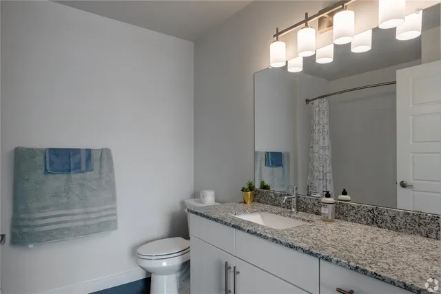 a bathroom with a granite countertop sink a toilet and a mirror