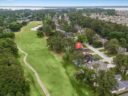 an aerial view of residential houses with outdoor space and trees