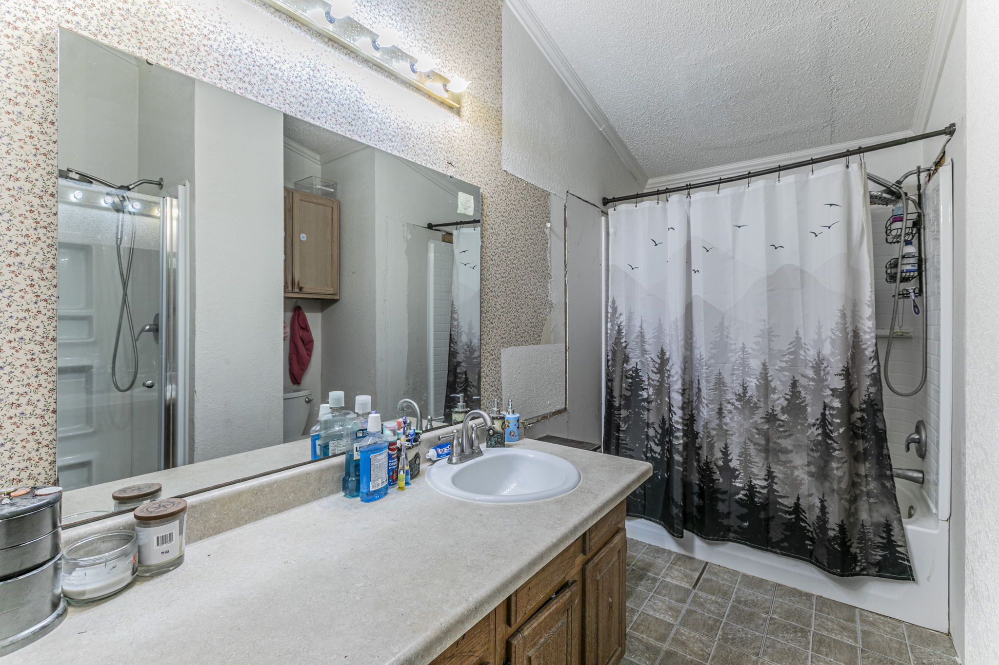 1767 Dowdy Road Seguin, TX 78155 - Photo 15 of 25 a bathroom with a granite countertop sink a mirror and a shower