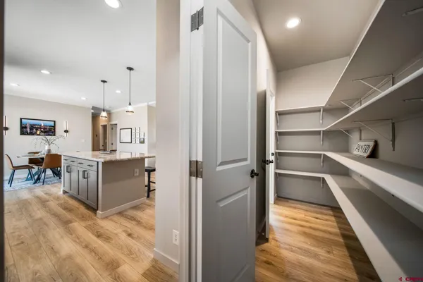 a view of a walk in closet and kitchen