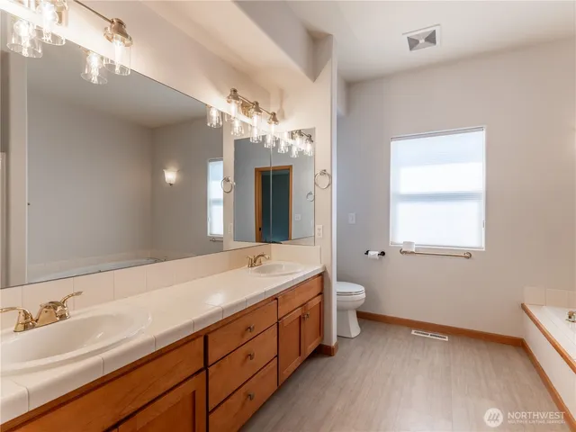 a bathroom with a double vanity sink toilet and a mirror