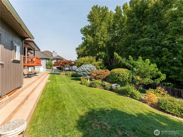 a view of a backyard with couches plants and large trees