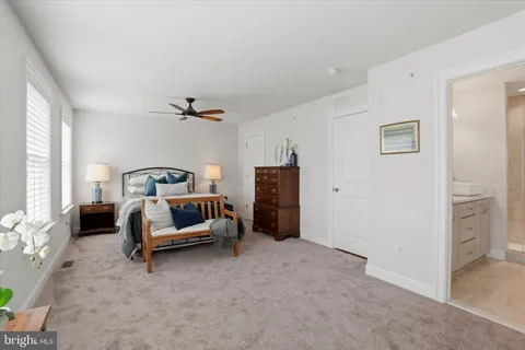 a bedroom with furniture and a ceiling fan