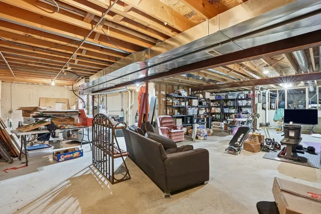 a view of a garage with storage