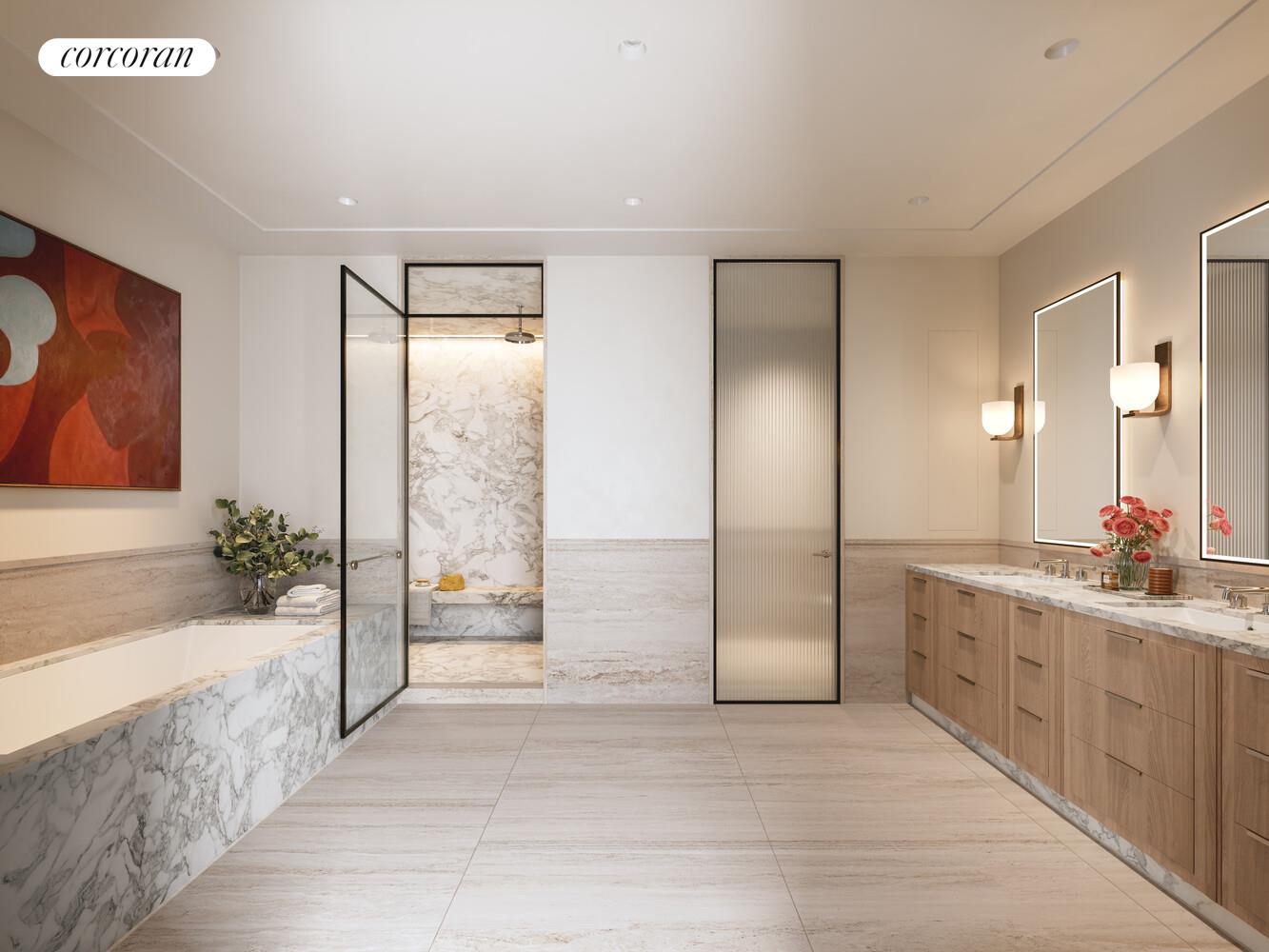 100 Barclay Street, Unit PHSOUTH Manhattan, NY 10007 - Photo 10 of 21 a bathroom with a granite countertop sink a mirror and a bathtub