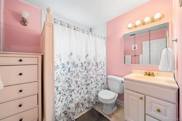 a bathroom with a toilet sink vanity and mirror