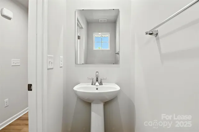 a bathroom with a sink a mirror and a shower