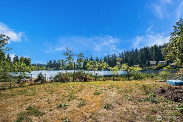 a view of backyard with green space and bench