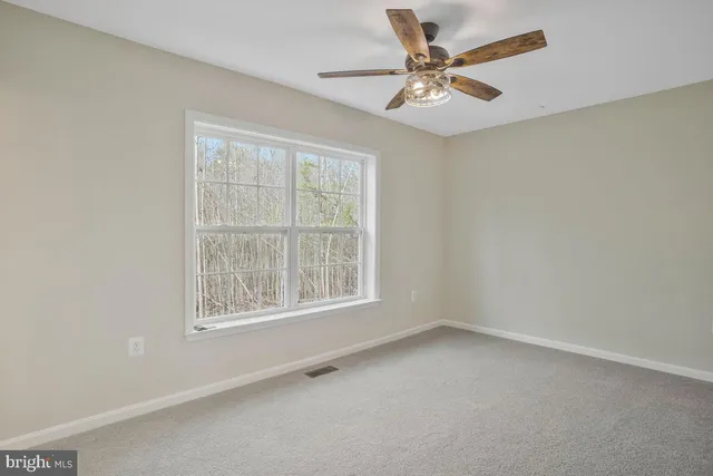 an empty room with windows and ceiling fan view