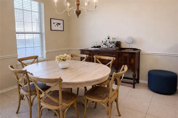 a view of a dining room with furniture and window