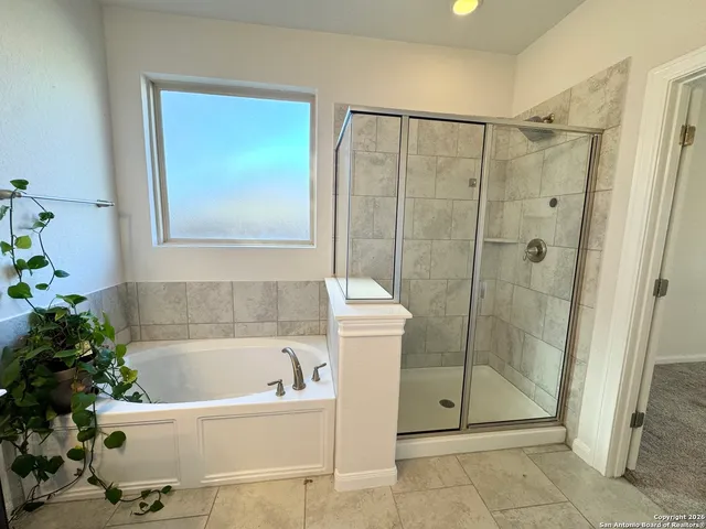 a bathroom with a bathtub and shower