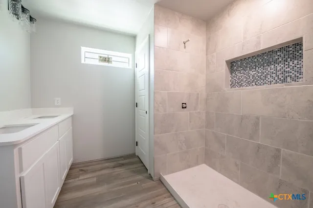 a bathroom with a sink and a shower