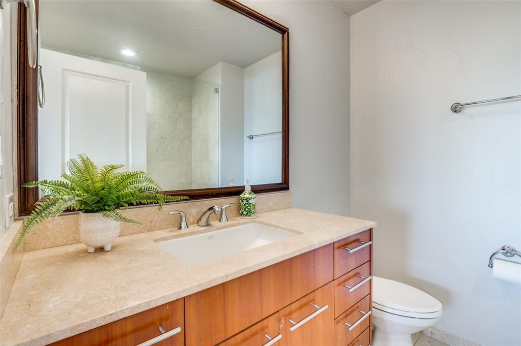 1200 Main Street, Unit 2412 Dallas, TX 75202 - Photo 20 of 36 a bathroom with a sink a toilet and mirror