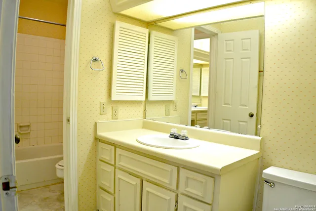 a bathroom with a sink and a mirror