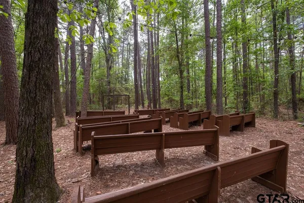 a view of a bench in a backyard