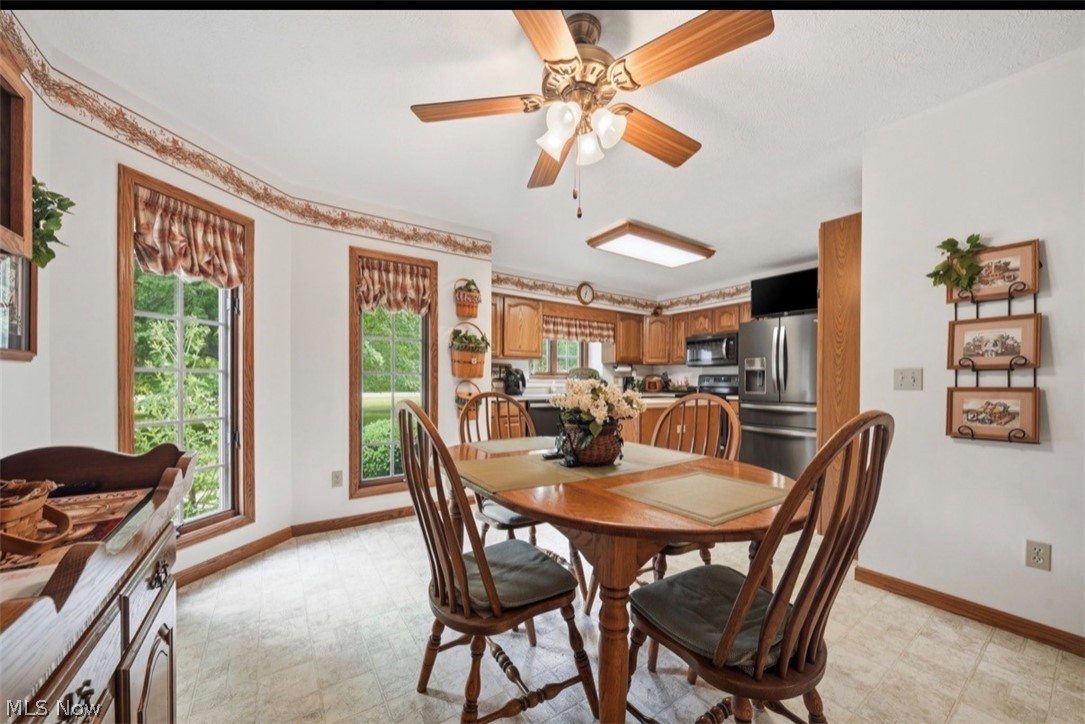 3556 Lake Road Conneaut, OH 44030 - Photo 5 of 39 Bright eat-in kitchen with wood-finish cabinetry, stainless steel appliances, and a ceiling fan