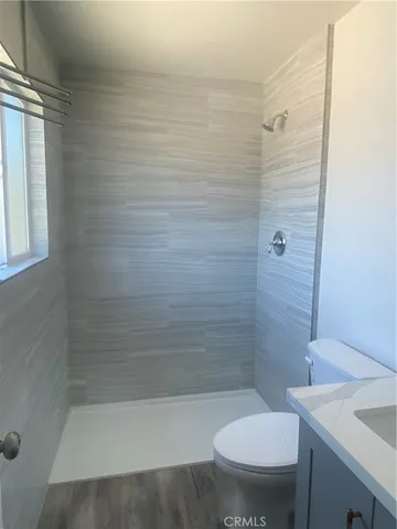 a bathroom with a shower and a toilet
