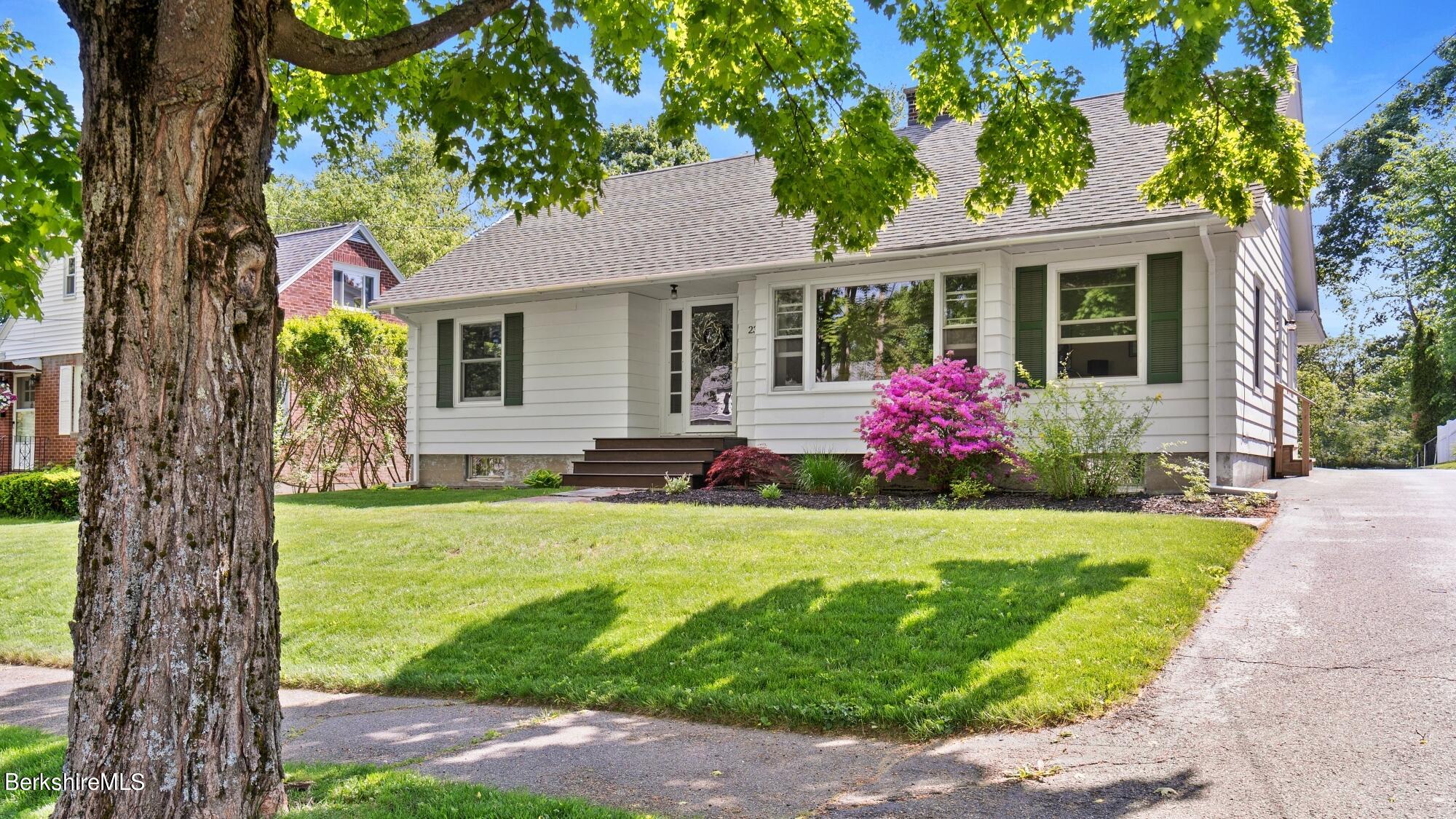a front view of house with yard and green space