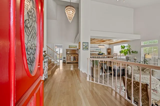 a view of a balcony with wooden floor