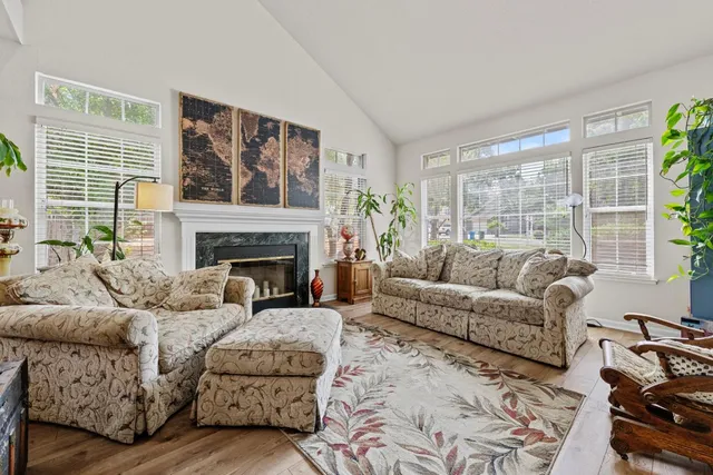 a living room with furniture window and a fireplace