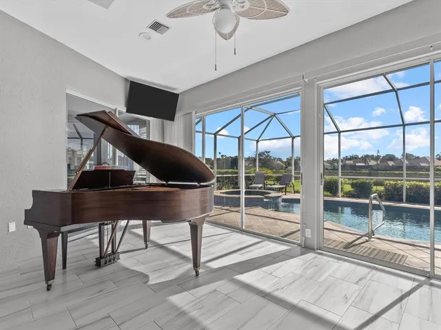 a living room with a rug